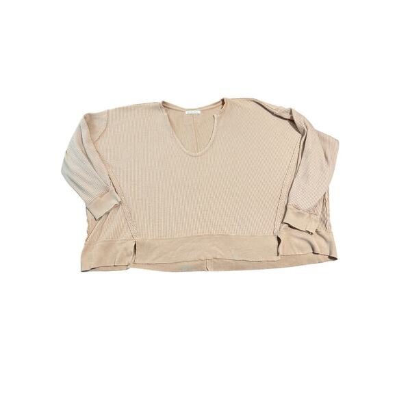 Free People SZ Medium Oversized Beige Boxy Waffle Long Sleeve Thermal Top Women - Picture 3 of 12